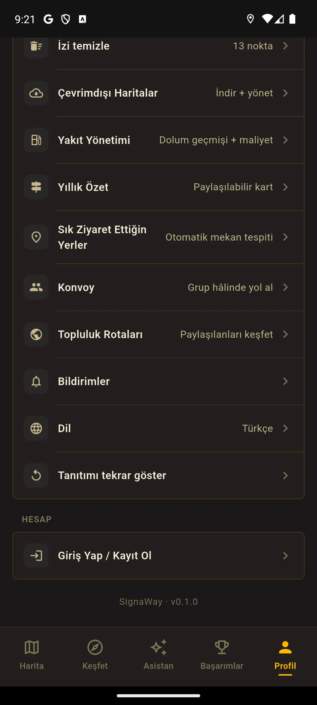 Ayarlar — yakıt yönetimi, yıllık özet, konvoy ve topluluk rotaları